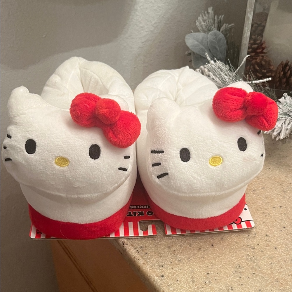 Hello Kitty Plush Slippers with Red Bow